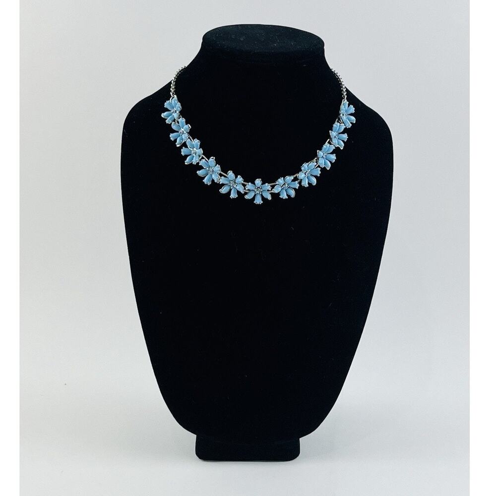 Vintge Silver Tone Blue Flower Lucite Acrylic Rhinestone Necklace Riveted Coro ? - Picture 2 of 16